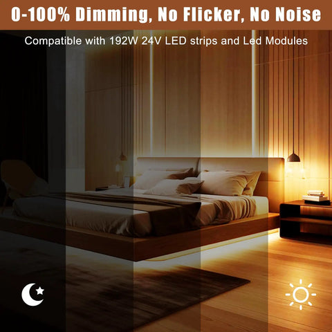 Plug And Play 24V Dimmable LED Driver Transformer For Smooth Dimming And Flicker Free Performance Compatible With Lutron Leviton Switches Ideal For 24V LED Strips Modules And Bulbs Triac ELV MLV Ready bedroom lighting scene with 0-100% dimming