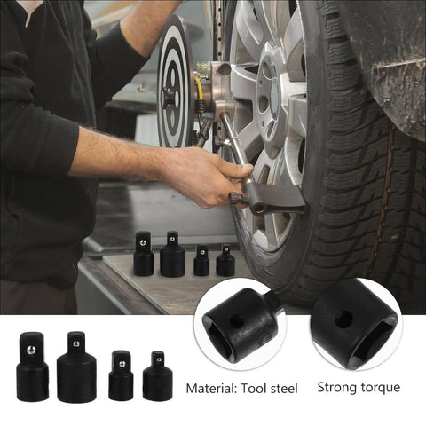 Rock Solid 4 Piece Black Tool Steel Socket Adapter Kit With Heavy Duty Torque Capacity For Tough Car Repairs And Professional Garage Use That Handles Any Drive Size You Need On The Road, used on wheel lug repair