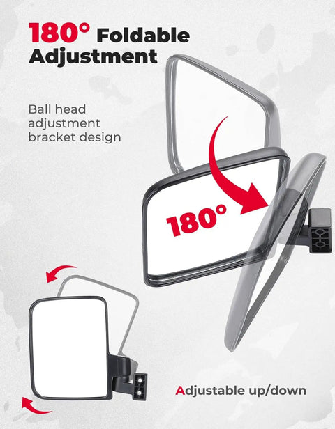 No Drilling Golf Cart Side Mirrors With Folding Design, Universal Rear View For 0.75 To 1.25 Inch Square Rails, quick clamp install