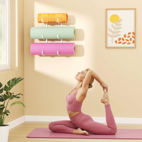 Garage Gym Must Have Space Saving 3-Tier Wall Mount Yoga Mat Rack For Mats, Foam Rollers, Blocks And Gear