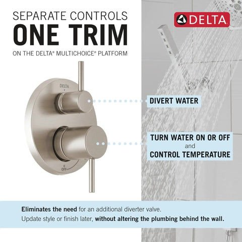 Slick Brushed Nickel Shower System Valve Trim Kit featuring separate controls for temperature and water diversion.