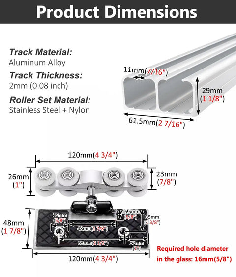 Product dimensions of Built Tough Aluminum Sliding Door Hardware Kit For Double Bypass Closets with roller set and track specifications.