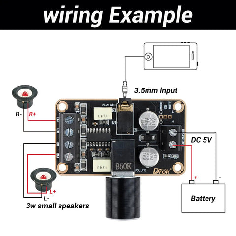 Wiring example for Compact 5W Per Channel 5W Plus 5W PAM8406 Stereo Audio Amplifier Board For 5V Supply Class D Dual Channel Power Amp