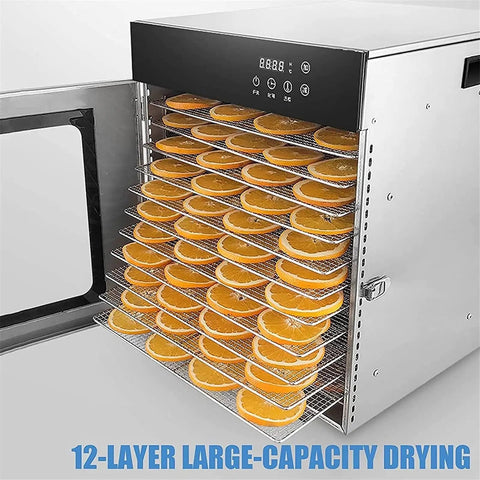 Straight Up Reliable Commercial Food Dehydrator With 12 Slick Trays For Making Jerky And Drying Fruits Vegetables And Nuts Featuring Hella Efficient 1000 Watt Heating And Digital Temperature Controls To Preserve Fresh Flavors And Lock In Essential with sliced oranges in 12 trays.