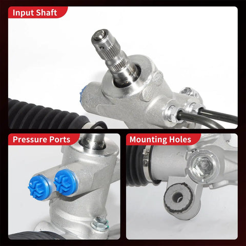 Toyota RAV4 2004 2005 Power Steering Rack And Pinion Assembly Replacement Direct Fit Leak Resistant New Unit For L4 2.4L with close-up of input shaft, pressure ports, and mounting holes.