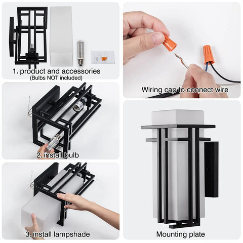 Instructions showing installation of Outdoor Wall Mount Lantern One Light 12.2 Inch High Modern Exterior Porch Light With Frosted Glass Durable Die Cast Aluminum for Weatherproof Home Exterior Lighting.
