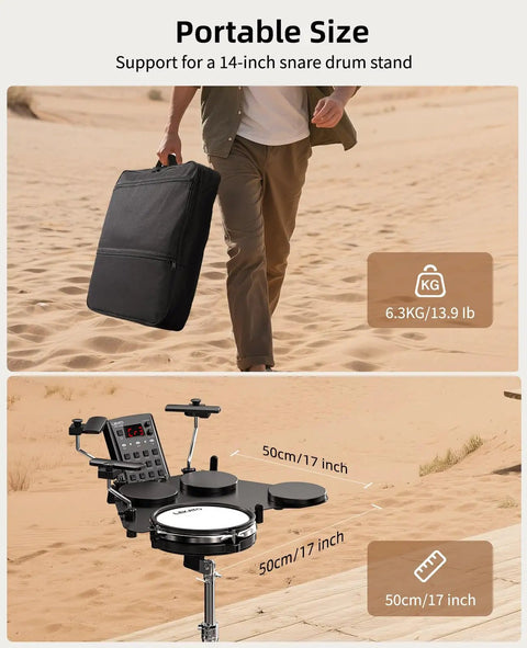 Portable Quiet Dual Layer Mesh Snare Electronic Drum Set With Over 220 Sounds shown compact in a carrying bag and setup diagram.