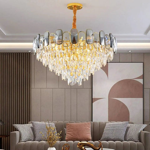 Premium Smoke Gray Crystal Chandelier Ceiling Fan 42 Or 48 Inch Dimmable LED Lights Smart Three Color Remote Control Gold Tone Blades in modern living room.