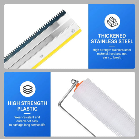 Upgraded Self Leveling Cement Tool Kit With thickened stainless steel edge and spiked roller for garage floors and concrete projects.