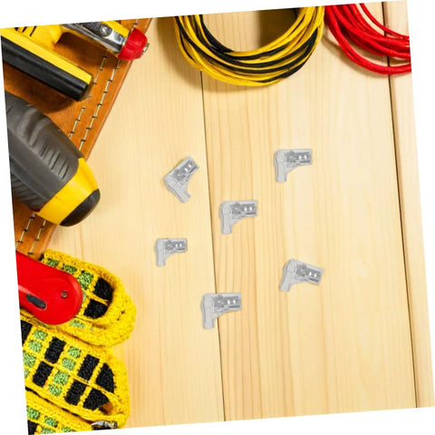Six 100 Pack Copper Crimping Terminal Connectors Female Wire Terminals For Quick Disconnects on a workbench with tools