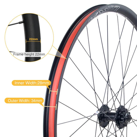 Versatile Mountain Wheelset For 26, 27.5, And 29 Inch Bikes With 6-Bolt Disc Brakes showing rim dimensions and hub details