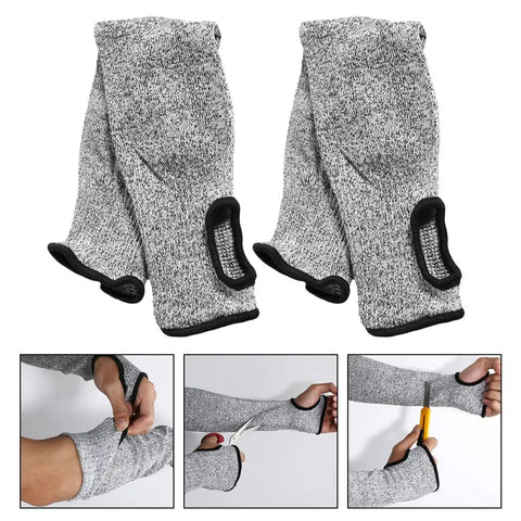 Hella Durable Cut Resistant Arm Sleeves Level Five Protection Badass Anti Slash Forearm Guard Two Piece Set shown in grey with open palm design.