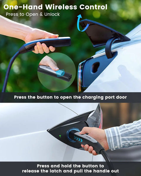 One-hand control using Tesla Level 2 Charger 24 Amp 240V NEMA 14-30 Plug With 25 Ft Extension Cable for EV connection