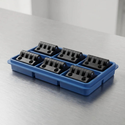 Black Plastic Cabinet Door Hinges 1.57 Inch Screw Mount in blue tray, lift-off enclosures for control panels.