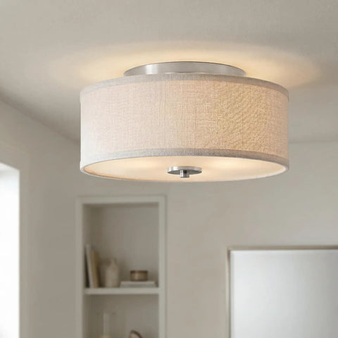 Two Light Flush Mount Ceiling Light With Summer Linen Shade In Brushed Nickel Finish For Kitchen Hallway And Interior Living Spaces