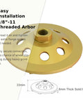 Close-up of a gold 5/8-11 threaded arbor from the Nine Piece 7 Inch PCD Cup Grinding Wheel Set for concrete coating removal