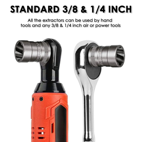 Bolt Extractor Kit For Damaged Fasteners, 32 Piece Nut And Bolt Remover Set With Drive Sizes Quarter Inch And Three Eighths Inch shown with power tools
