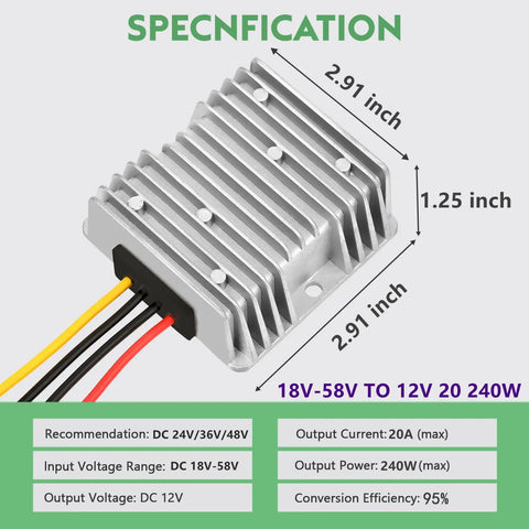 Dimensions of Beefy 240W DC Buck Converter For Golf Carts, 18V To 58V Input, 12V Output, 20A Max, High Efficiency Up To Ninety Five Percent.