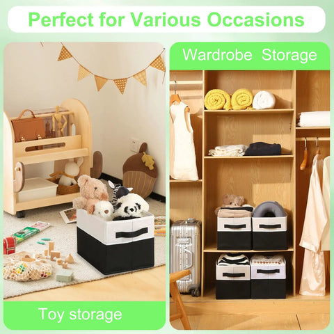 Heavy Duty Large Shelf Storage Bins Four Pack Black Collapsible Fabric Storage Baskets in use for toy and wardrobe storage