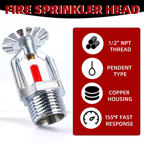 10 Piece Pendent Fire Sprinkler Heads With Slick Chrome Plating And Real Half Inch Npt Threads For Knockout 155 Degree Heat Response And Straight Up Fast Activation In Heavy Duty Builds close-up view highlighting 1/2" NPT thread and glass bulb mechanism.