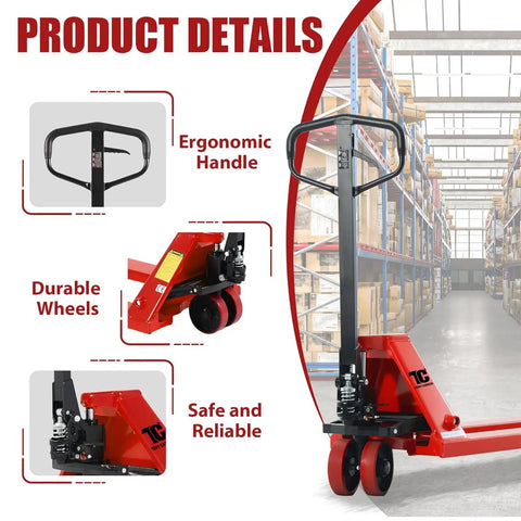 Heavy Duty Manual Pallet Jack With 6600 Lb Capacity Built Tough For Warehouse Grind featuring ergonomic handle and durable wheels.