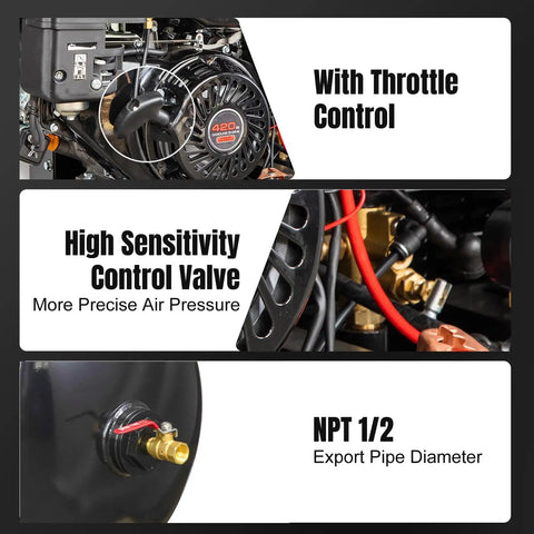 Detailed view of Heavy Duty Gas Piston Air Compressor 13HP with throttle control, high sensitivity control valve, and NPT 1/2 pipe fitting.