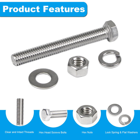 Heavy Duty 1/4-20 Hex Head Bolts Kit With Nuts Flat Washers And Spring Lock Washers Fully Threaded Stainless Steel 304 Bright Finish