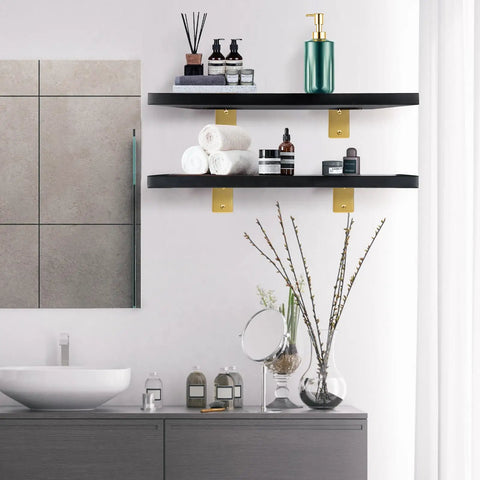 Slick Gold Finish Stainless Steel L Brackets Four Pack Zero Fuss Rock Solid Gear Floating Shelf Wall Supports Built Tough in modern bathroom.