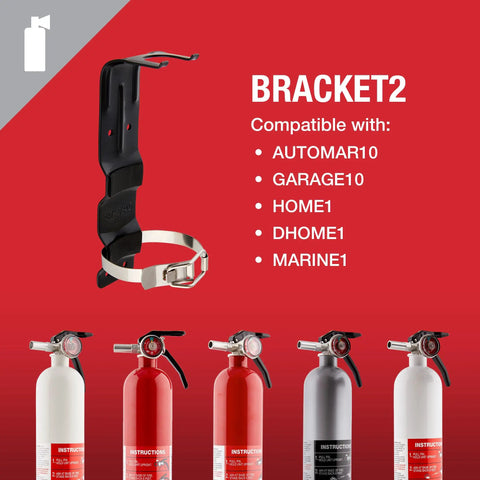 Replacement Fire Extinguisher Bracket Black Corrosion Resistant Powder Coated Steel Wall Mount Marine And Vehicle Holder Fits FE10GR Series Automar10 Garage10 And FE1A10GR Series Home1 DHome1 Marine1 Extinguishers displayed against red background with compatible models shown below.