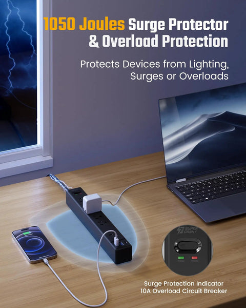 Power Strip With Nine Point Eight Foot Extension Cord And Surge Protector 5 Outlets 3 USB Ports shown protecting laptop from surge