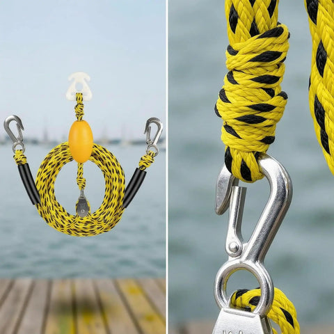 Marine Tow Line With Pulley And Buoyant Bungee Dock Rope For Boats, Heavy Duty Tow Line With Stainless Hardware, Yellow And Black