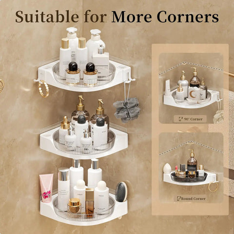 Super Sturdy Premium Three Tier Corner Shower Caddy With Slick 360 Spin Lazy Susan Tray And No Fuss Wall Mount for storing bottles in corner.