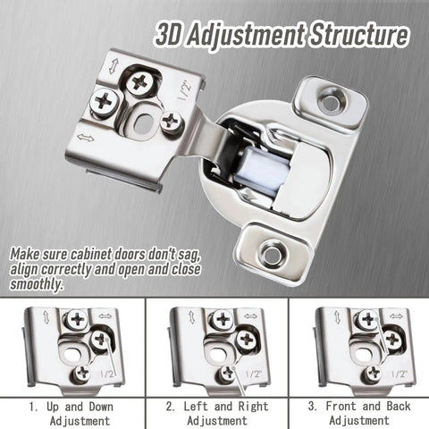 Lay Off The Slamming Routine With These Smooth As Butter Soft Close Cabinet Hinges For Face Frame Kitchen Doors And Drawers Featuring Built In Dampers And Precise Three Way Adjustments In A 10 Piece Pack, showing adjustment structure.