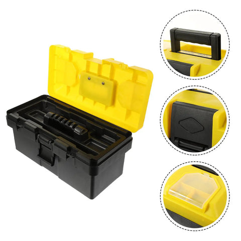 Badass Plastic Toolbox With Lockable Buckles And Removable Tray Plus Sure Grip Carry Handle For Go Anywhere Tool Holding and Straight Up Reliable Home Project Storage Cases, open view with yellow lid.