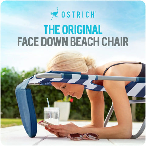 Woman using 3N1 Lightweight Beach Reclining Lounge Chair With Footrest For Patio Porch Balcony Or Backyard, Blue Stripe design.