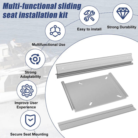 Tilt-N-Slide Boat Seat Pedestal Base With 15-Inch Rails, Heavy-Duty Aluminum, shown with installation kit graphics.