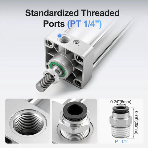 Beefy Heavy Duty Industrial Grade Pneumatic Air Cylinder with PT 1/4 threaded ports, close-up on fittings and aluminum body.