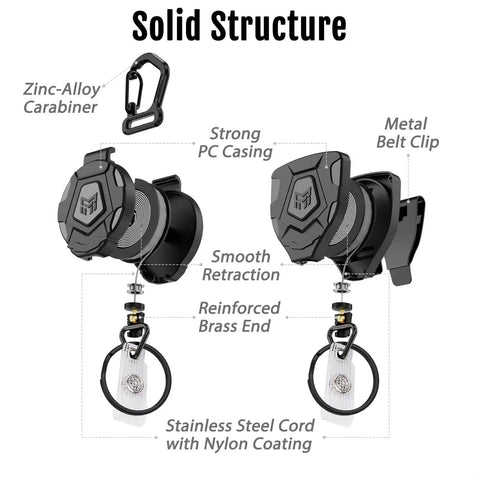 Diagram of Heavy Duty Retractable Keychain With Belt Clip Or Carabiner, 9 Oz Retraction, 31.5 Inch Steel Cable for ID badges.