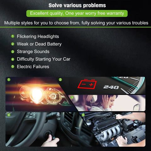 Solutions for flickering headlights, dead battery, engine struggles; high-quality replacement alternator benefits displayed.