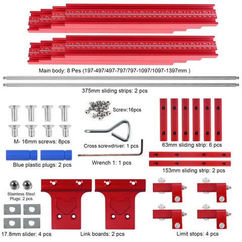 Updated Inch Parallel Guide Rail System components including aluminum rails, brackets, screws, tools for woodworking saws.