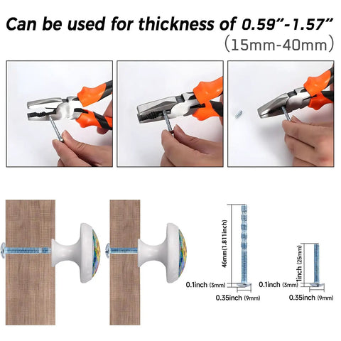 Installation guide for Four Pack Colorful Wildflower Stained Glass Cabinet Knobs For Kitchen And Bath with adjustable screws.