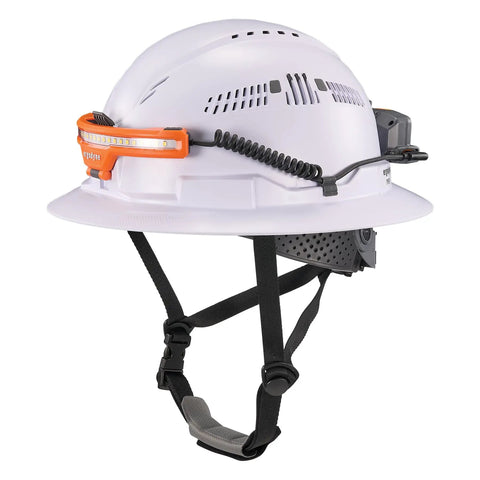 Skullerz 8886 Wide Beam Headlamp With Hard Hat Mount shown on white safety helmet, rechargeable power bank attached, coiled cable visible