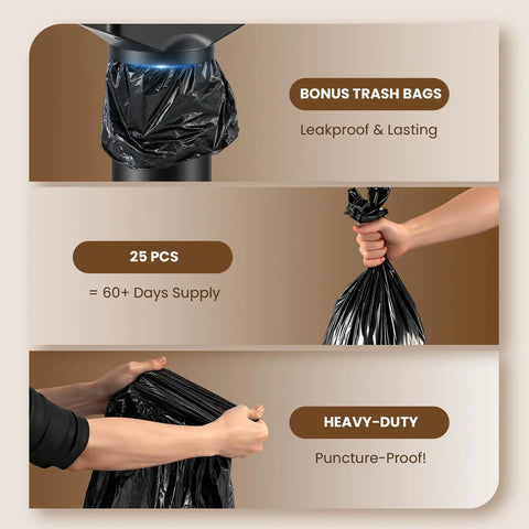 Automatic Electric Portafilter Cleaner Knocks Out Stubborn Coffee Oils In Seconds showing bonus trash bags and heavy-duty design.