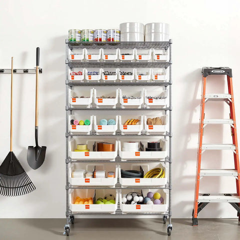 Eight Tier Rolling Storage Rack Featuring Twenty Six Modular Parts Bins Heavy Duty Steel Wire Shelving Cart with labeled bins.