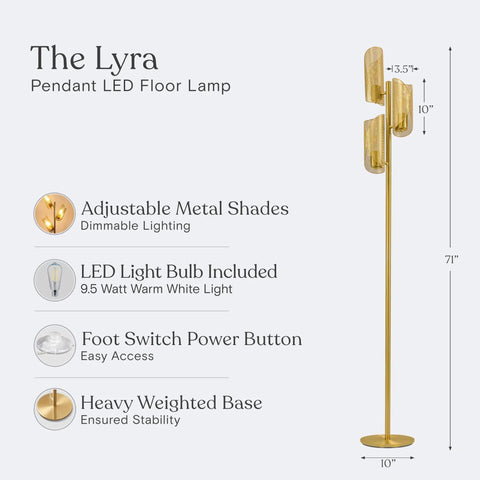 LED Tree Floor Lamp With 3 Light Heads In Brass Finish, Metal Cage Shade, Tall Standing Lamp For Living Room, Bedroom Or Office Modern Industrial Vibe