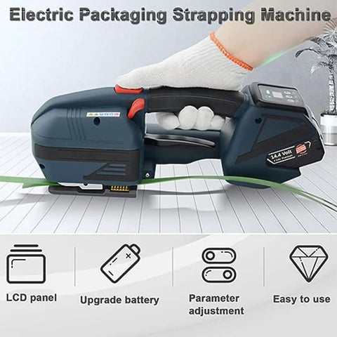 Heavy Duty Electric Strapping Tool For 13Mm To 16Mm Pp Pet Straps With Hella Long Lasting Rechargeable Battery Hot Melt Sealer on table.