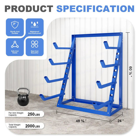 Top Notch 4 Tier Steel Lumber And Pipe Storage Rack With Adjustable Arms and Rugged Alloy Frame holding 2000 pounds displayed with dimensions.