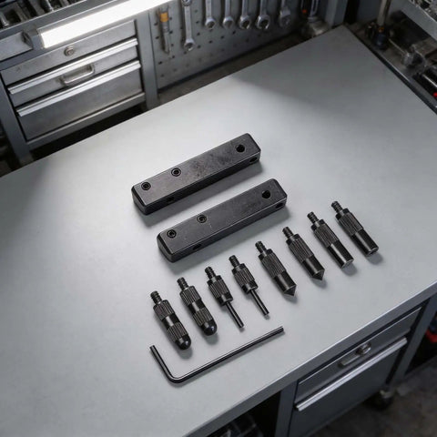 Digital Caliper Accessories Internal External Groove Step kit with clamps and measuring heads on a workbench.