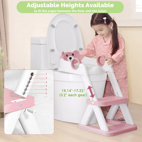 No Sweat 2 In 1 Potty Training Seat With Step Stool For Toddlers, adjustable height shown with step stool beside toilet.