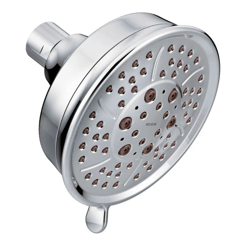 Chrome Four Function Showerhead With Four Spray Modes For Every Mood Four And 3 Eighths Inch Diameter High Flow 2.5 GPM Easy Clean Nozzles